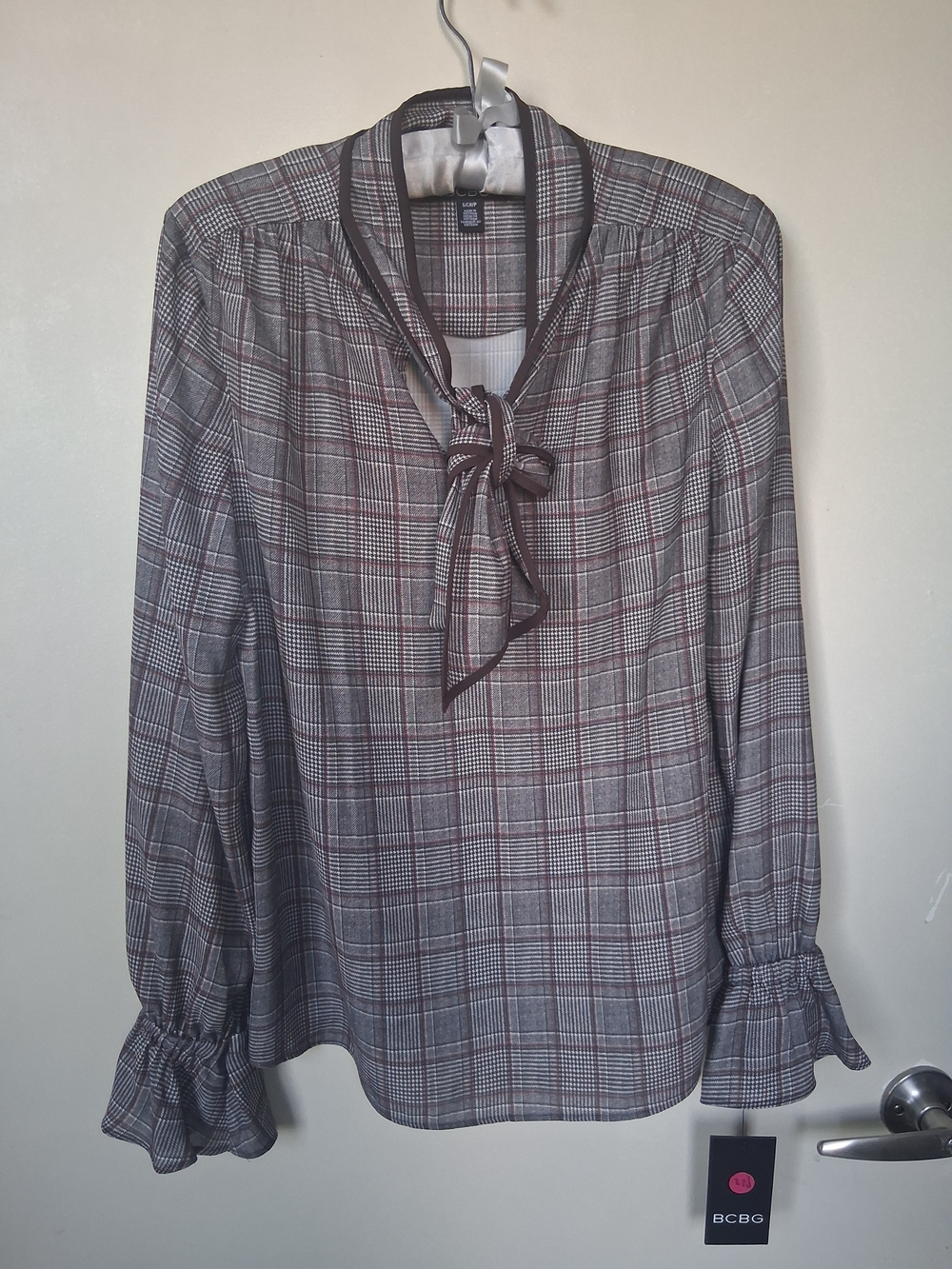 New BCBG Gray Plaid Tie-Neck Blouse with Burgundy Accents